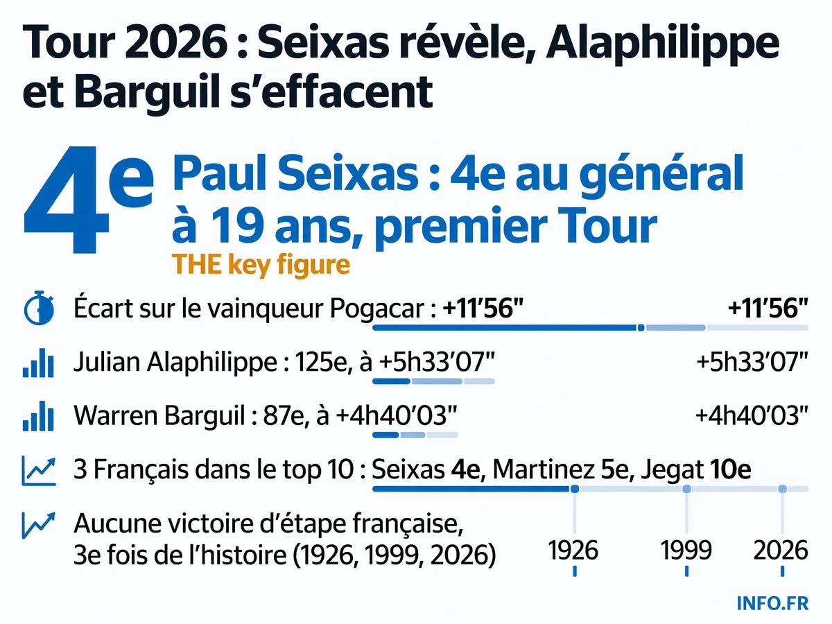 Classement des coureurs français au Tour de France 2026: Seixas 4e à 19 ans, Alaphilippe 125e, Barguil 87e, aucune victoire d'étape tricolore.