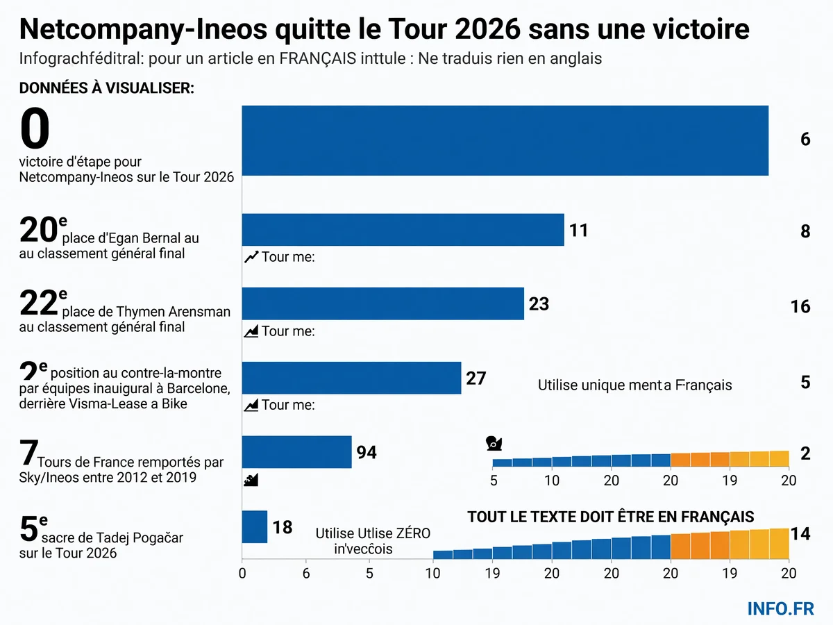 Bilan statistique de Netcompany-Ineos sur le Tour de France 2026, avec classements généraux et comparaison historique.