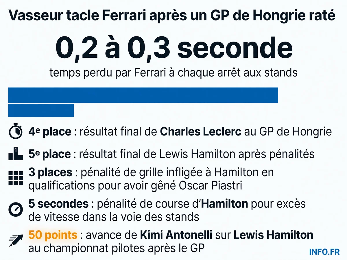 Infographie montrant les pertes de temps de Ferrari aux stands et les pénalités d'Hamilton au GP de Hongrie 2026