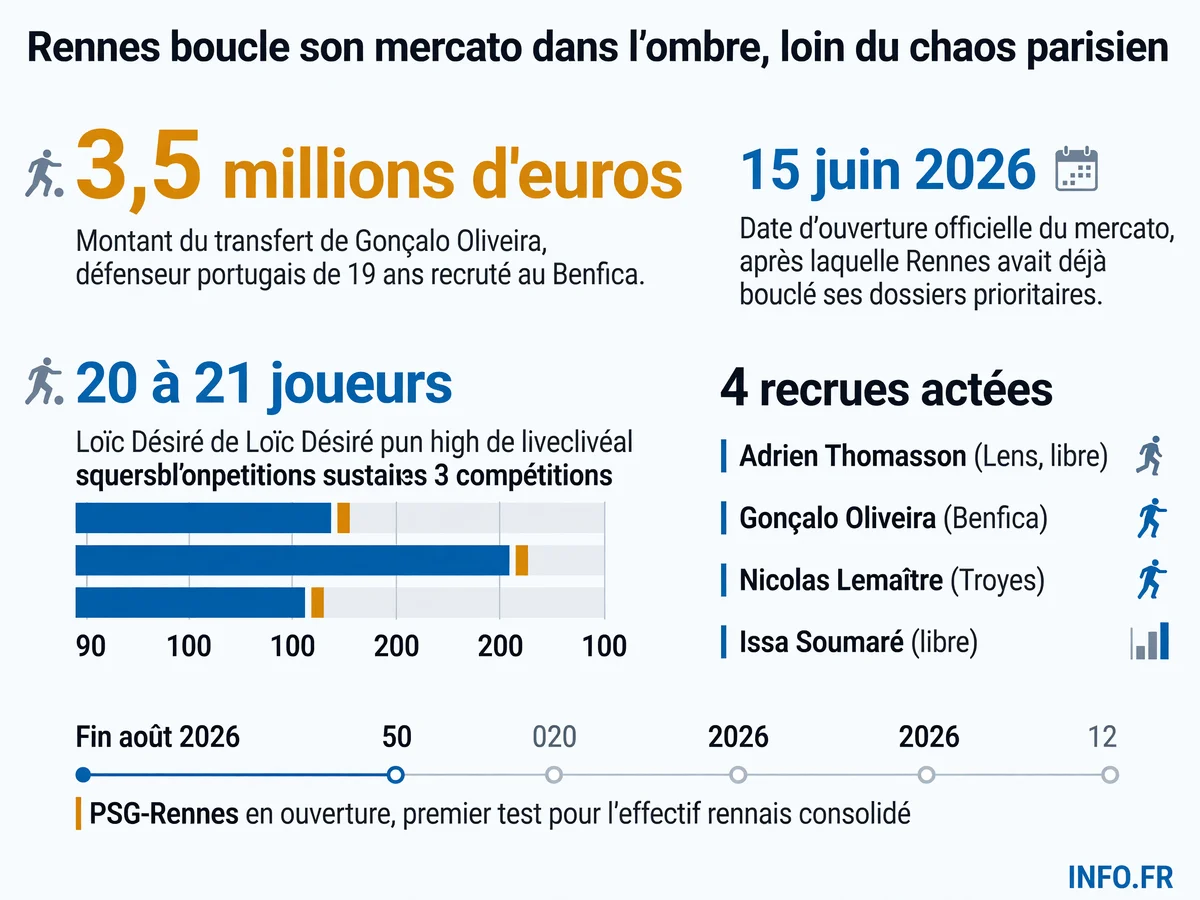 Les chiffres clés du mercato d'anticipation du Stade Rennais: 4 recrues bouclées avant l'ouverture officielle, un investissement de 3,5 M€ pour Oliveira et un objectif de 20-21 joueurs pour trois tableaux.