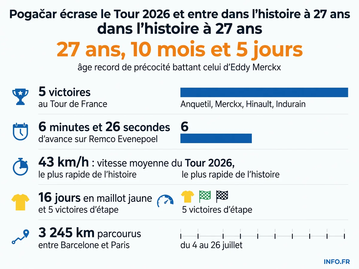 Les chiffres de la domination historique de Tadej Pogačar au Tour de France 2026: cinquième victoire à 27 ans, écart record et Tour le plus rapide de l'histoire