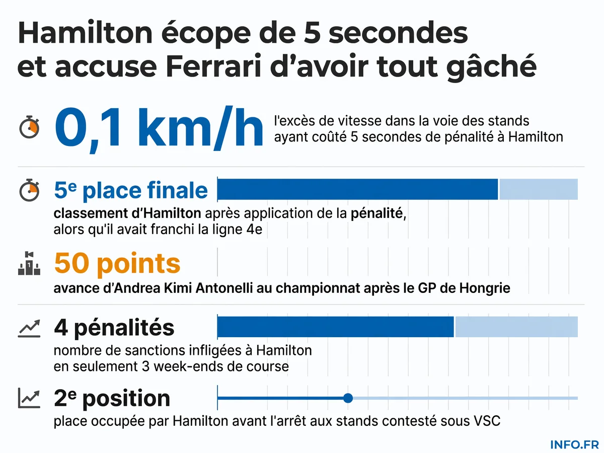 Infographie montrant les chiffres clés du GP de Hongrie de Lewis Hamilton: chute de la 2e à la 5e place, pénalité de 5 secondes pour 0,1 km/h de trop, et série de 4 pénalités en 3 courses.