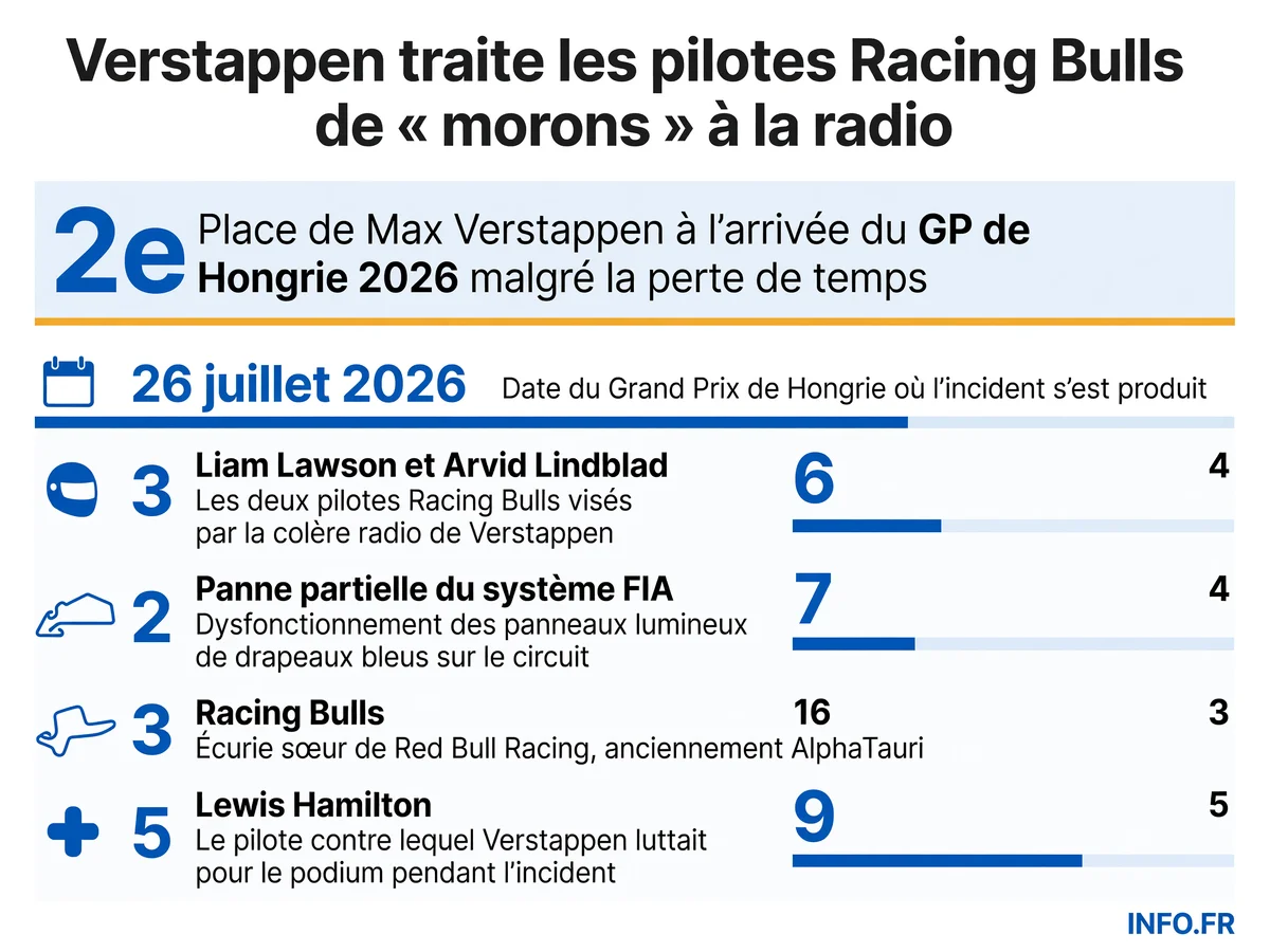 Max Verstappen termine deuxième du GP de Hongrie après avoir perdu du temps derrière les Racing Bulls de Lawson et Lindblad sur fond de panne du système FIA de drapeaux bleus