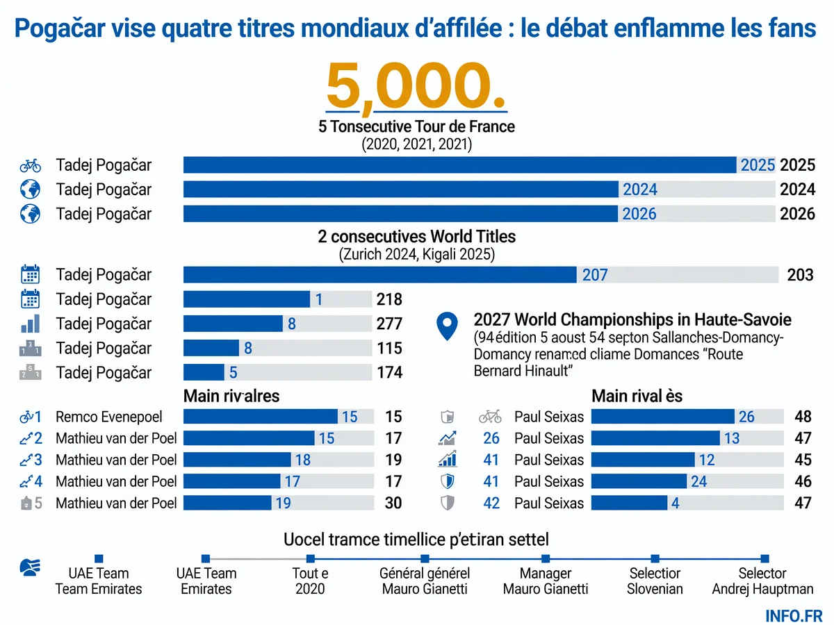 Statistiques et parcours de Tadej Pogačar vers un potentiel quadruplé historique aux Championnats du monde de cyclisme 2027 en Haute-Savoie