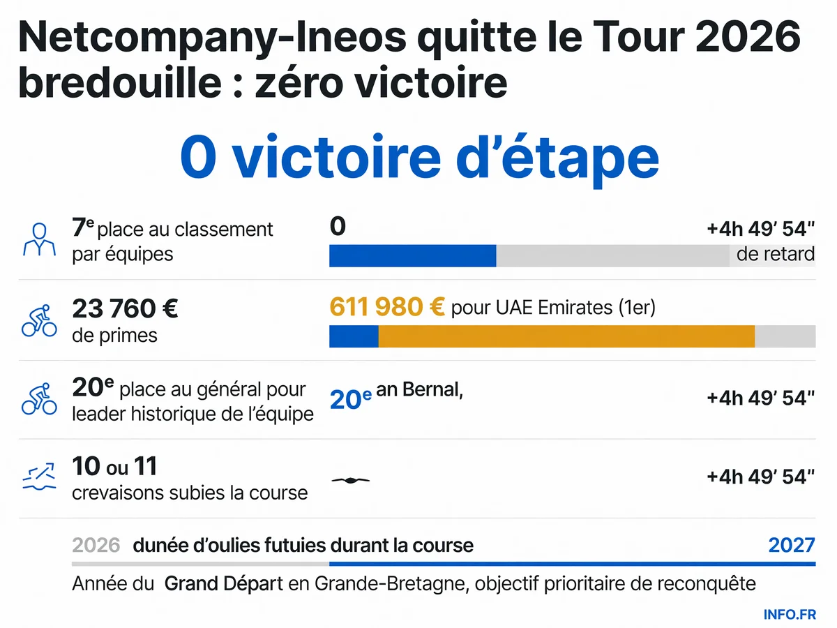Bilan décevant de Netcompany-Ineos sur le Tour de France 2026: zéro victoire d'étape, 7e par équipes et reconstruction urgente en vue de 2027.