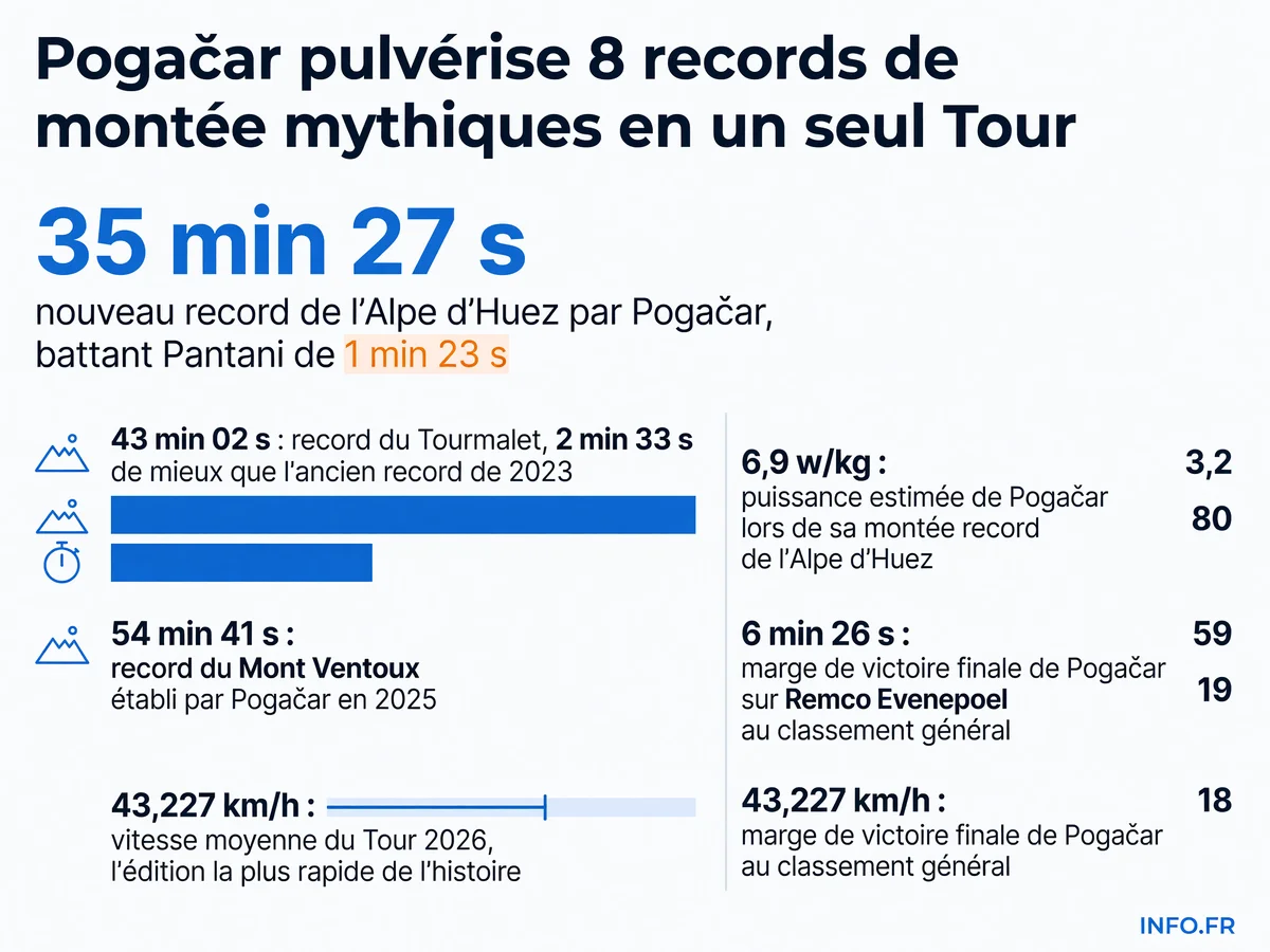Records de montée pulvérisés par Tadej Pogačar lors du Tour de France 2026, notamment sur l'Alpe d'Huez et le Col du Tourmalet