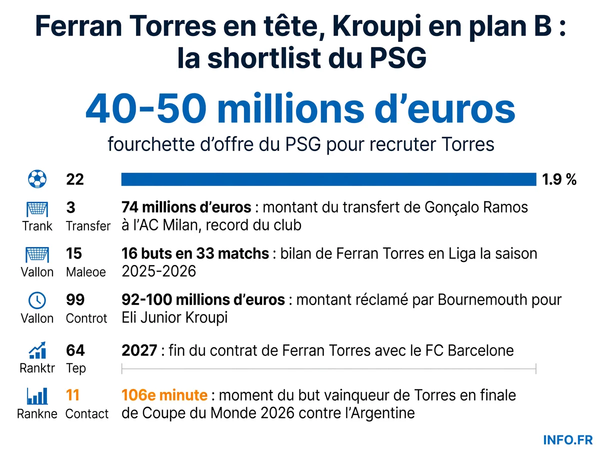 Le mercato du PSG après le départ de Gonçalo Ramos: Ferran Torres en priorité, Eli Junior Kroupi en plan B, montants et statistiques clés des transferts envisagés