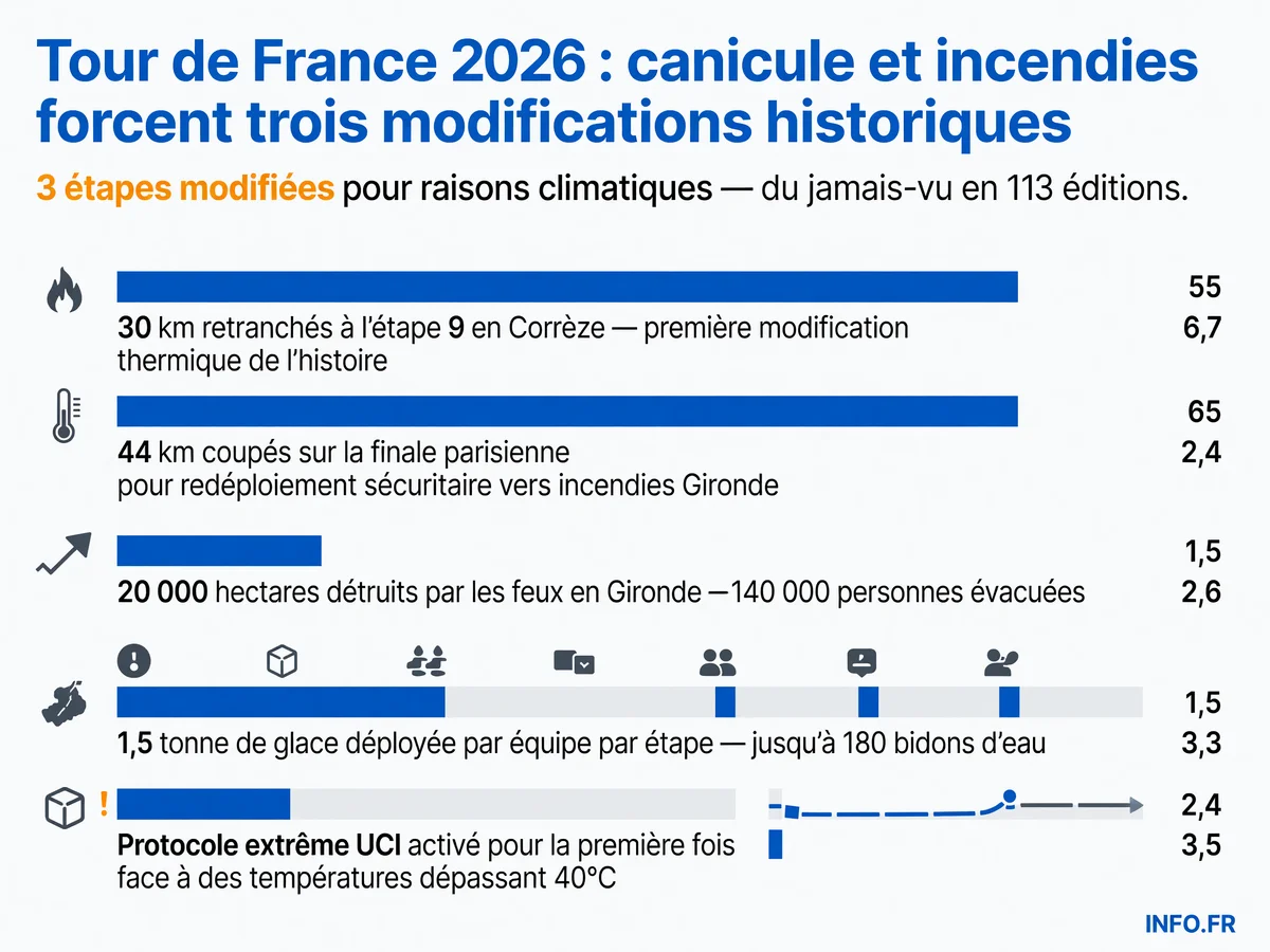 Chiffres-clés du Tour de France 2026 perturbé par la canicule et les incendies: modifications historiques de parcours, logistique thermique d'urgence et évacuations massives.