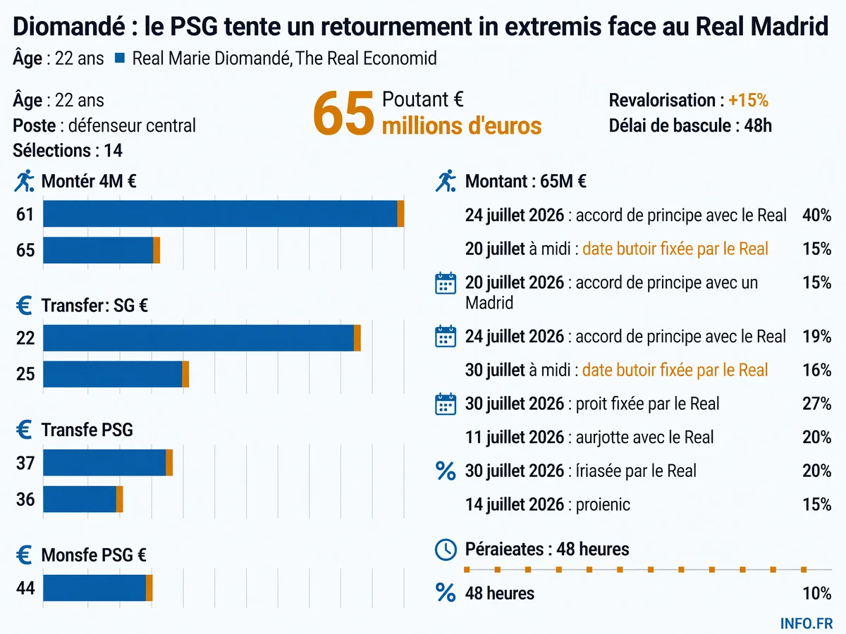 Timeline du dossier Ousmane Diomandé entre le PSG et le Real Madrid, de l'accord de principe du 24 juillet à la date butoir du 30 juillet 2026.