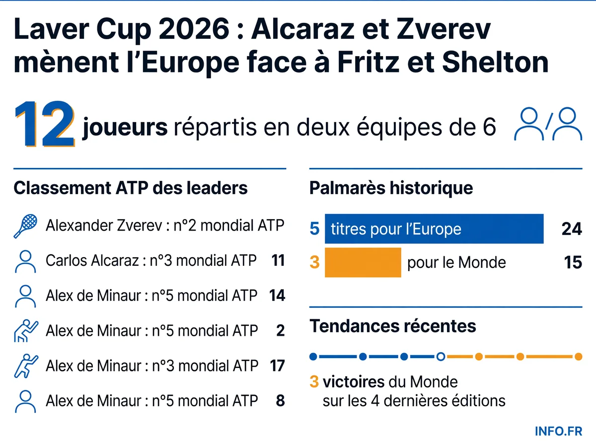 Composition des équipes Europe et Monde pour la Laver Cup 2026 avec les classements ATP des 12 joueurs sélectionnés