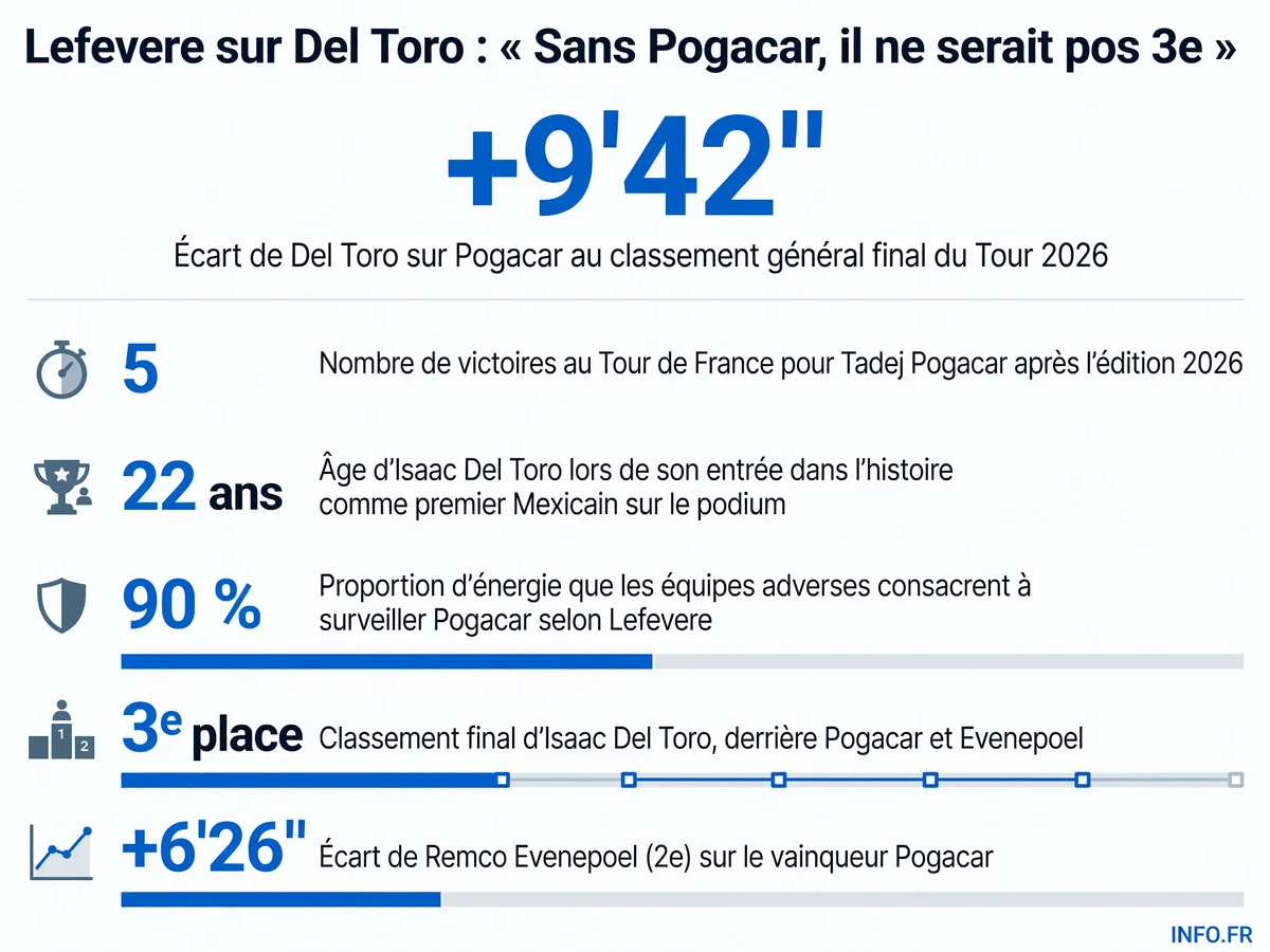 Classement final du Tour de France 2026 avec les écarts de temps entre Pogacar, Evenepoel et Del Toro, et statistiques clés de la performance du jeune Mexicain.