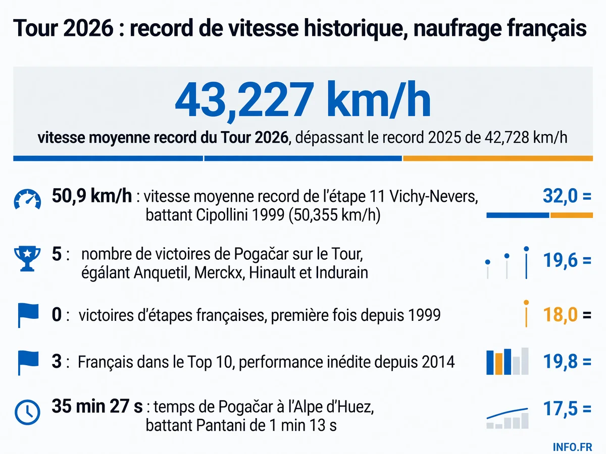 Infographie présentant les records de vitesse et statistiques du Tour de France 2026: vitesse moyenne générale de 43,227 km/h, vitesse d'étape record de 50,9 km/h, cinquième victoire de Pogačar, bilan paradoxal des coureurs français (trois Top 10 mais zéro victoire) et impact de la canicule.