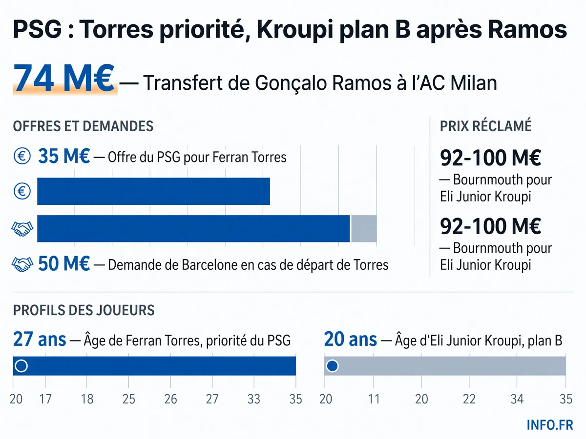Le PSG cible Ferran Torres (35 M€) comme priorité et Eli Junior Kroupi (92-100 M€) en plan B pour remplacer Gonçalo Ramos, parti à Milan pour 74 M€.