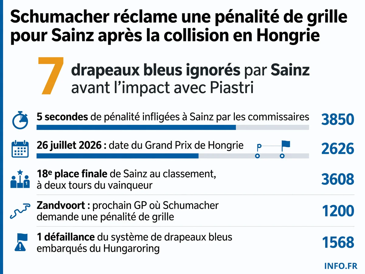 Infographie montrant les sept drapeaux bleus ignorés par Carlos Sainz avant sa collision avec Oscar Piastri au Grand Prix de Hongrie 2026 et la demande de sanction supplémentaire de Ralf Schumacher.