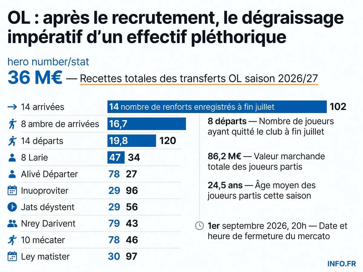 Bilan provisoire du mercato estival 2026 de l'Olympique Lyonnais: recettes, départs, arrivées et valeur marchande des transferts.