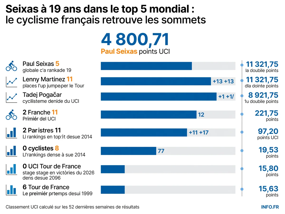Classement UCI mondial au 28 juillet 2026 avec Paul Seixas 5e à 19 ans et Lenny Martinez 11e, marquant le retour du cyclisme français au sommet