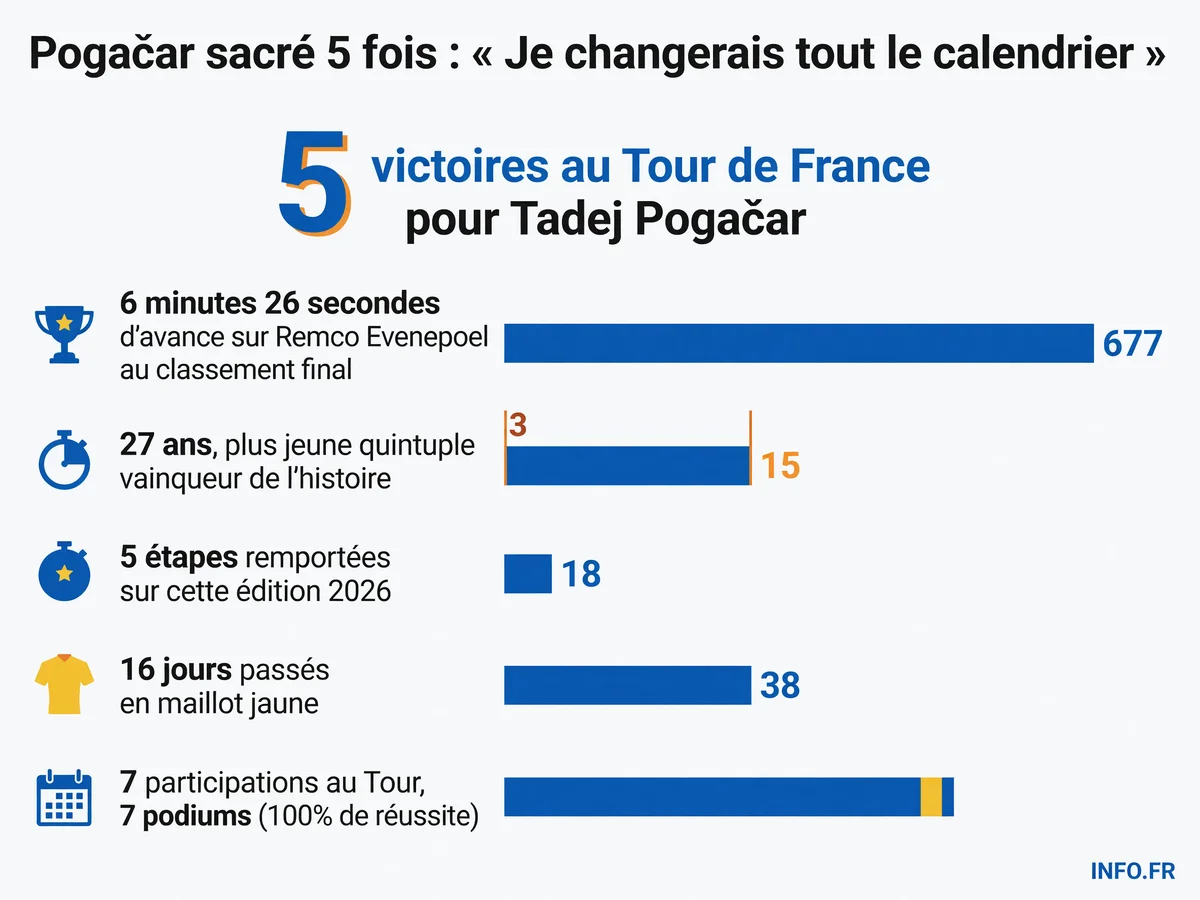 Bilan chiffré de la cinquième victoire de Tadej Pogačar au Tour de France 2026, avec son avance record et sa domination écrasante sur trois semaines de course.