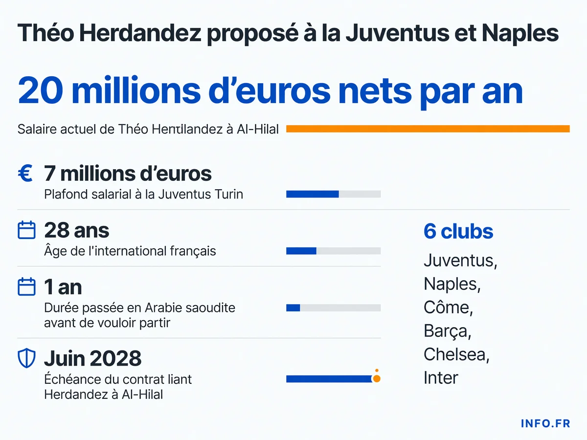 Infographie présentant les données clés du dossier Theo Hernandez: salaire à Al-Hilal, plafond salarial des clubs européens intéressés, durée du contrat et clubs contactés par son agent.