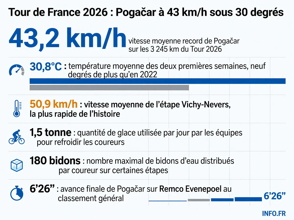 Infographie présentant les records de vitesse et de température du Tour de France 2026, remporté par Tadej Pogačar à 43,2 km/h de moyenne sous 30,8°C.