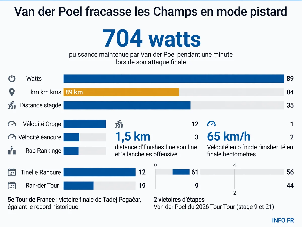 Mathieu van der Poel remporte l'étape 21 du Tour de France 2026 sur les Champs-Élysées avec une attaque solitaire à 704 watts maintenue pendant une minute.