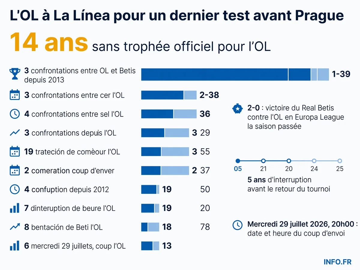 Infographie présentant les données clés du match amical OL-Real Betis pour le Trofeo Ciudad de La Línea 2026, incluant l'historique du tournoi et les confrontations précédentes entre les deux clubs.