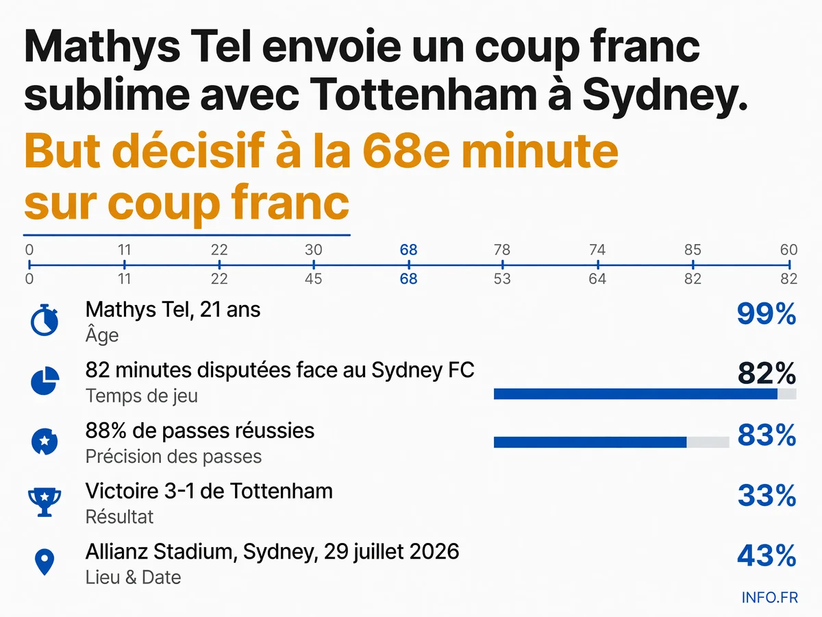 Performance de Mathys Tel lors du match amical Tottenham-Sydney FC le 29 juillet 2026: coup franc décisif à la 68e minute, 82 minutes disputées, 88% de passes réussies.
