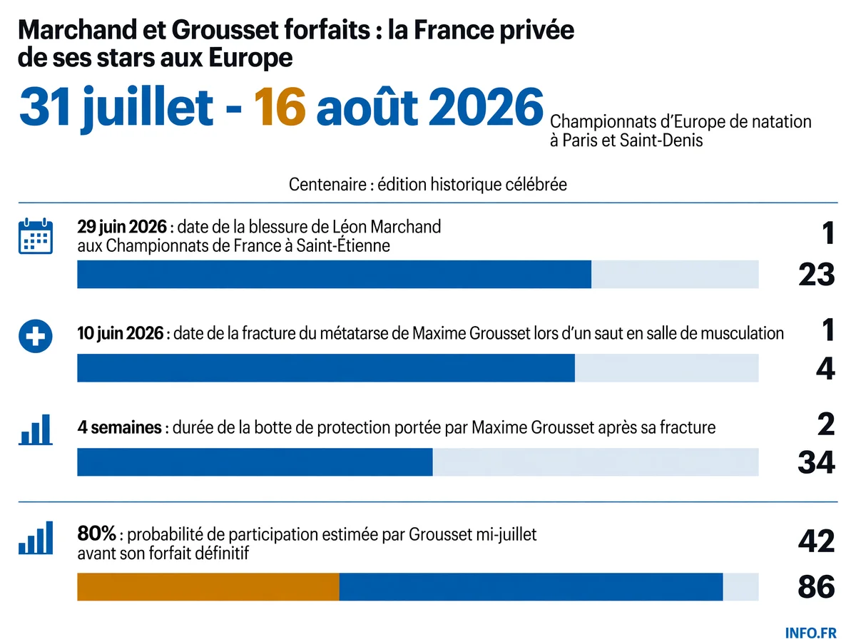 Chronologie des blessures de Léon Marchand et Maxime Grousset avant les Championnats d'Europe de natation 2026 à Paris