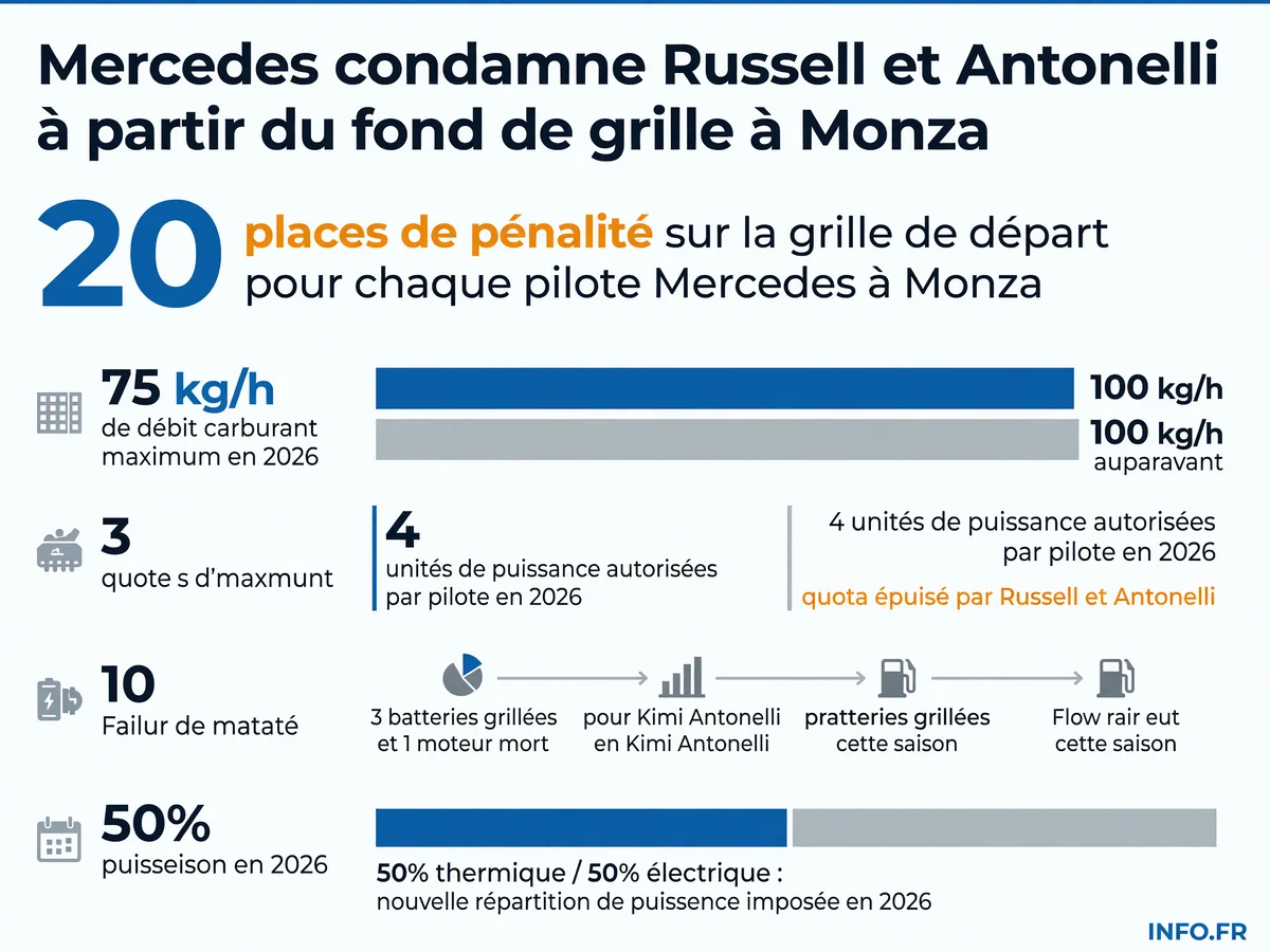 Mercedes sacrifie ses deux pilotes à Monza avec 20 places de pénalité chacun pour introduire son nouveau moteur M17 E Performance malgré un quota de composants épuisé.