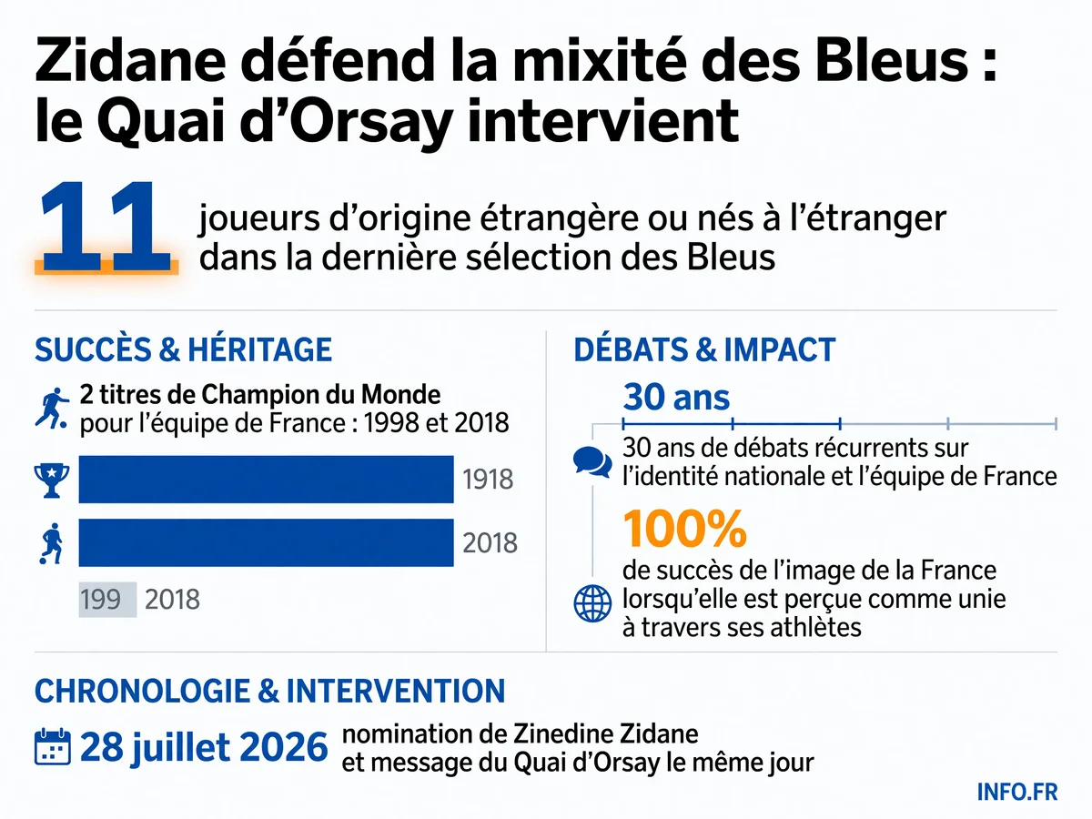 Infographie présentant les chiffres clés de la diversité dans l'équipe de France et le rôle diplomatique du football français depuis 1998