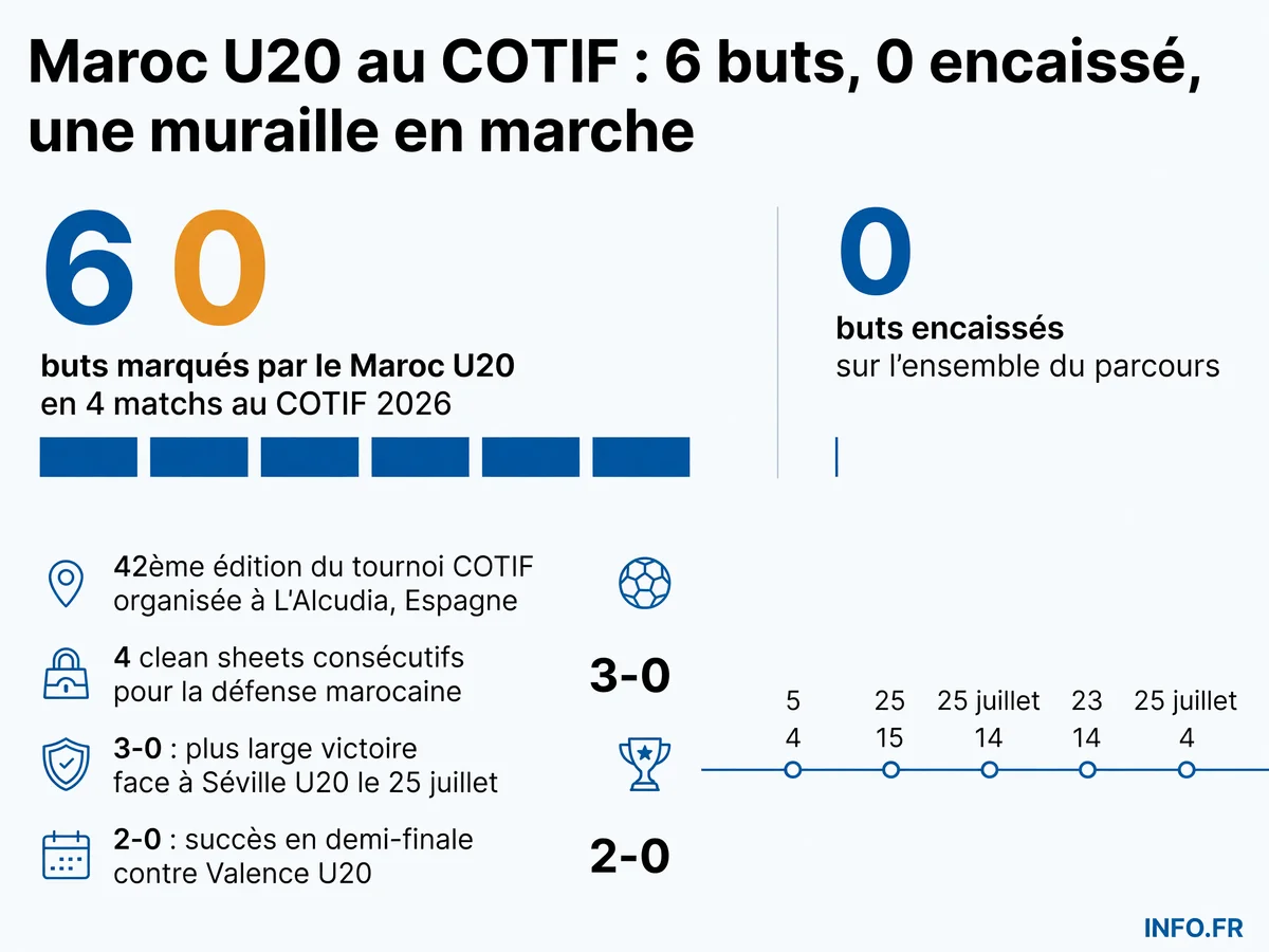 Performance complète de la sélection marocaine U20 au tournoi COTIF 2026 en Espagne: 6 buts marqués et 0 encaissé.