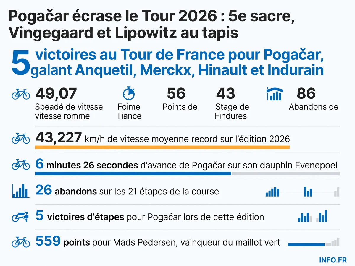 Bilan chiffré du Tour de France 2026 remporté par Tadej Pogačar avec son cinquième sacre historique et une domination totale malgré 26 abandons.