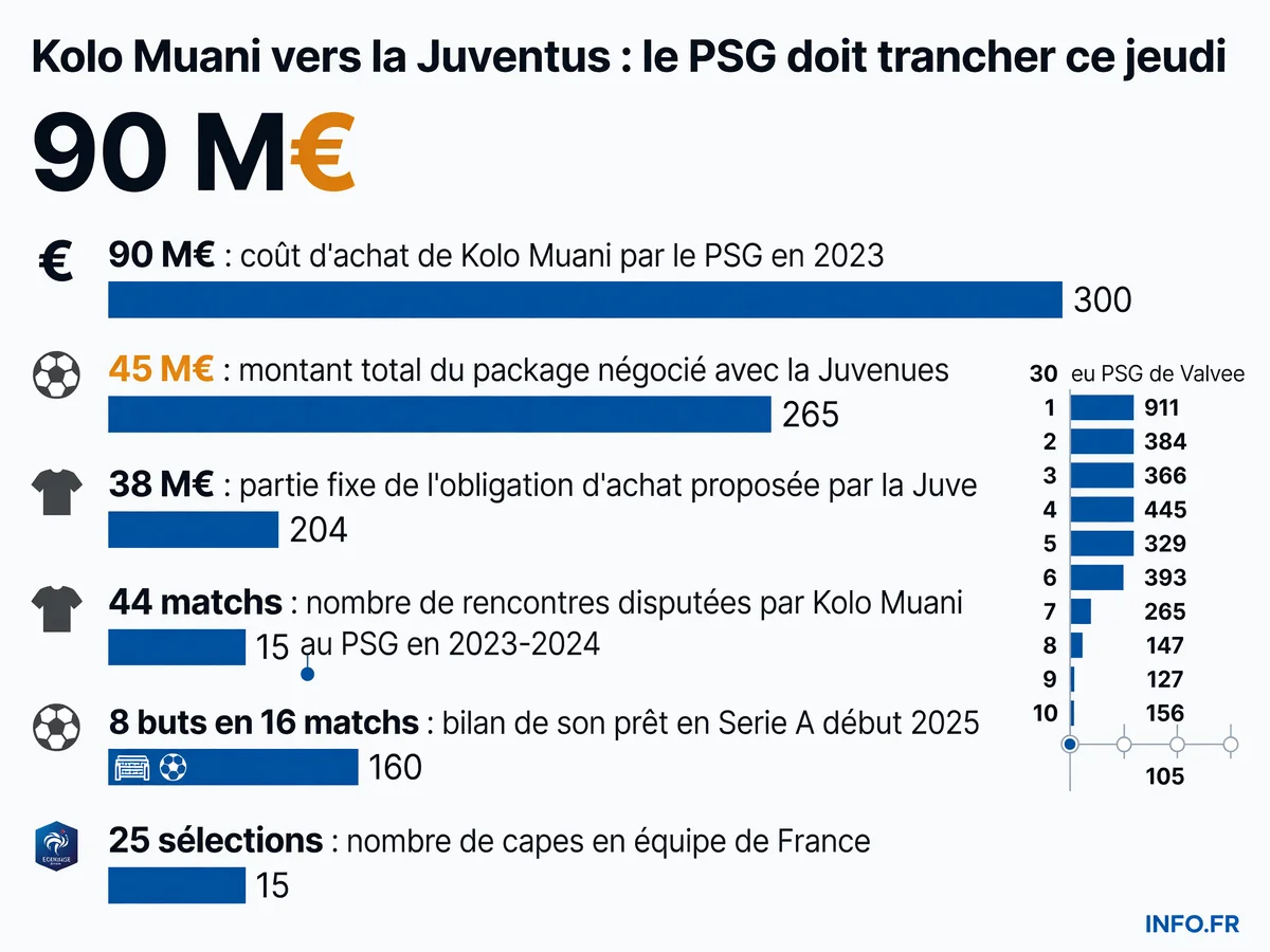 Les chiffres clés du transfert de Randal Kolo Muani entre le PSG et la Juventus Turin: montants, perte comptable, statistiques et calendrier de la transaction.