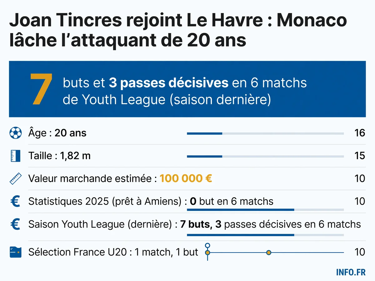Parcours de Joan Tincres: formation à Monaco, statistiques en Youth League et prêt à Amiens avant son arrivée au Havre