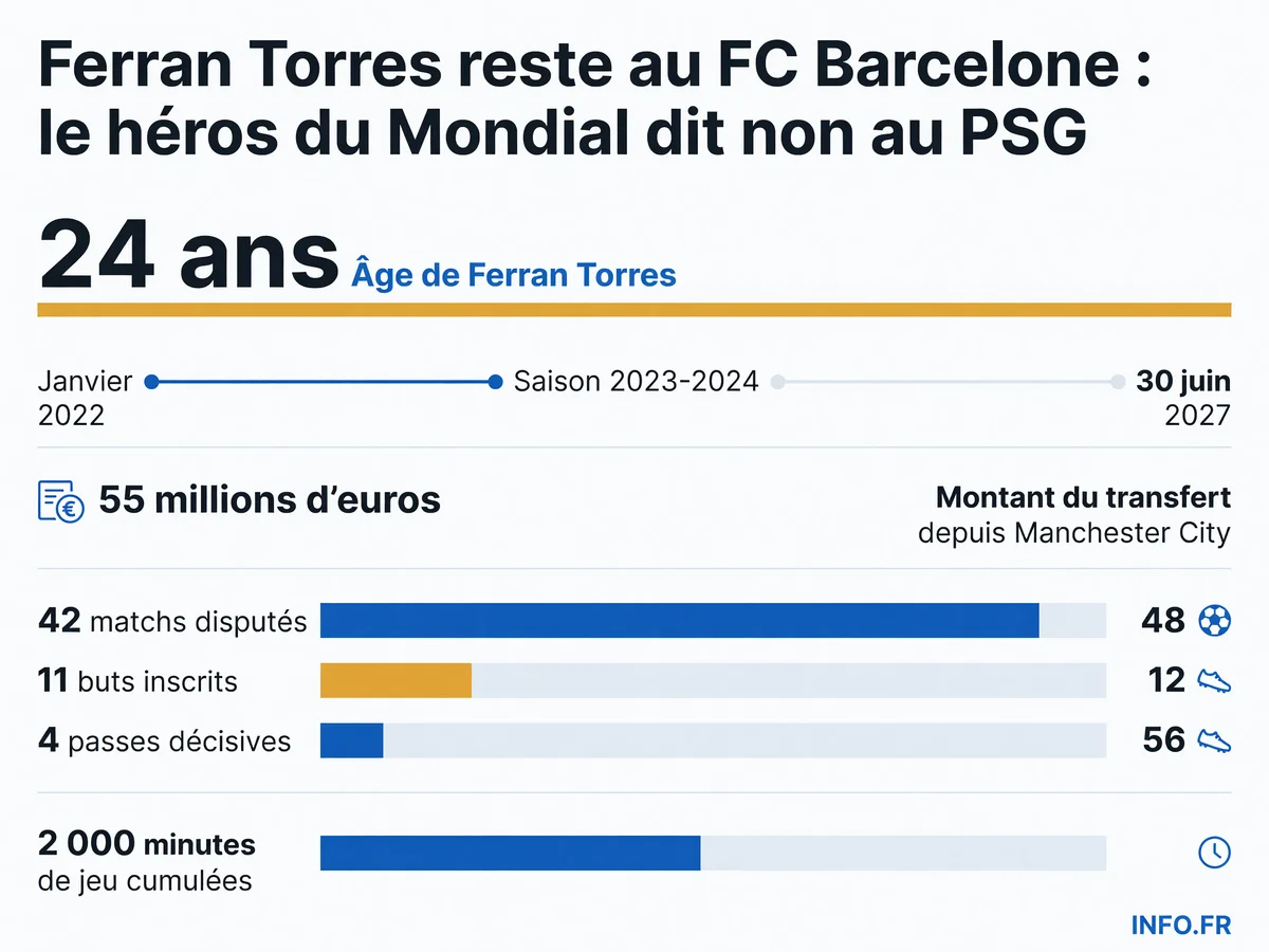 Ferran Torres, attaquant du FC Barcelone de 24 ans, refuse les offres du PSG et de l'Atlético Madrid et privilégie un maintien en Catalogne jusqu'en 2027