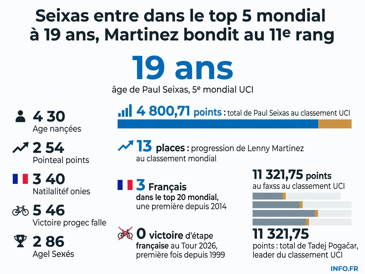 Classement UCI après le Tour de France 2026: Seixas 5e à 19 ans, Martinez 11e, trois Français dans le top 20 mondial