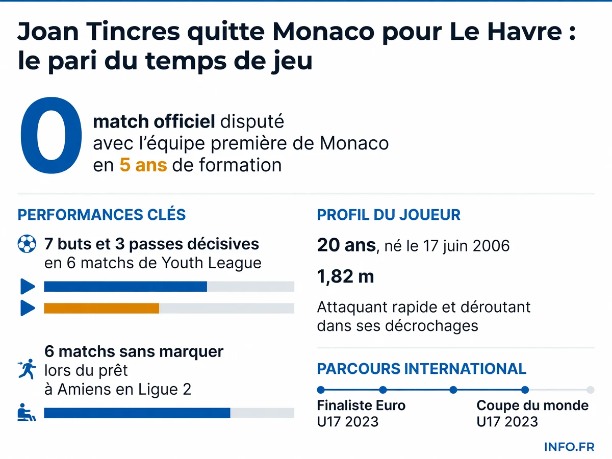 Parcours et statistiques de Joan Tincres, attaquant de 20 ans transféré de Monaco au Havre sans avoir joué en équipe première