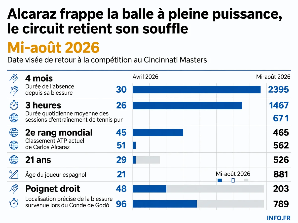 Chronologie du retour de Carlos Alcaraz après 4 mois d'absence: blessure au poignet en avril, entraînements intensifs, retour prévu mi-août à Cincinnati.