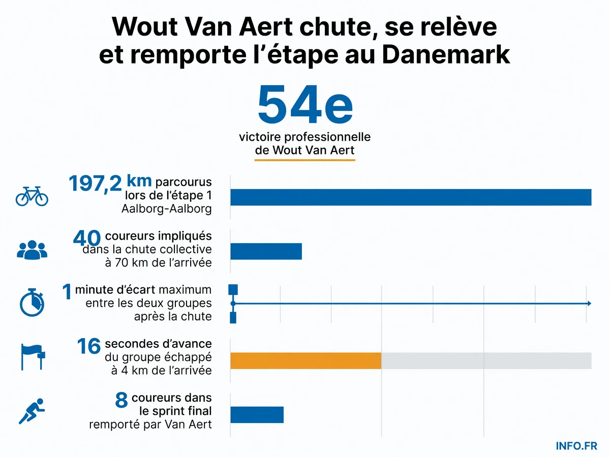 Infographie montrant les données clés de la victoire de Wout Van Aert sur la première étape du Tour du Danemark 2026