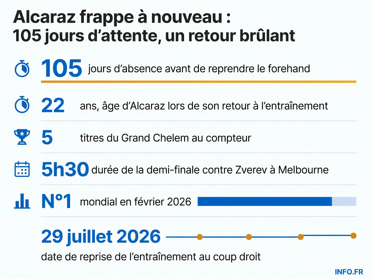 Carlos Alcaraz reprend l'entraînement au coup droit après 105 jours d'absence, visant l'US Open avec 5 titres du Grand Chelem à 22 ans