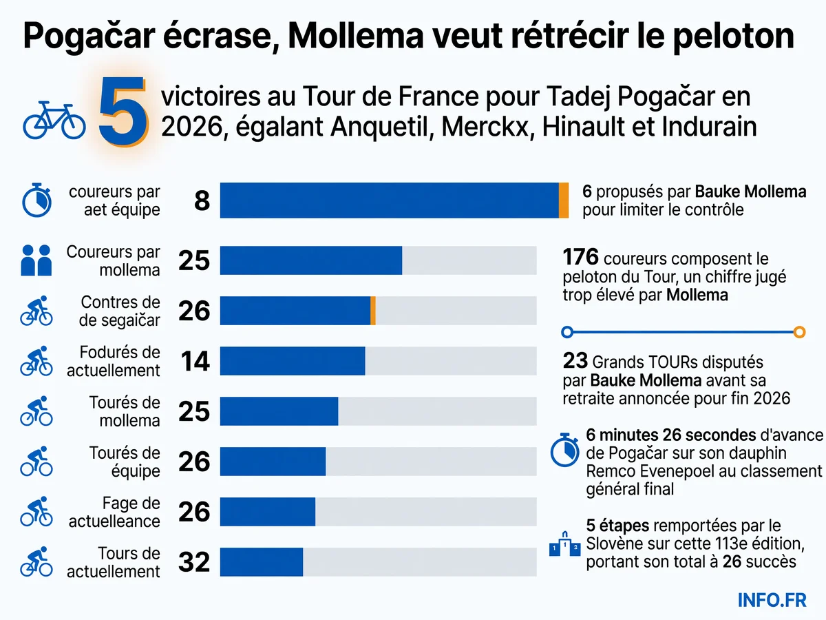 Les chiffres clés de la domination de Tadej Pogačar au Tour de France 2026 et la proposition de Bauke Mollema de réduire la taille des équipes