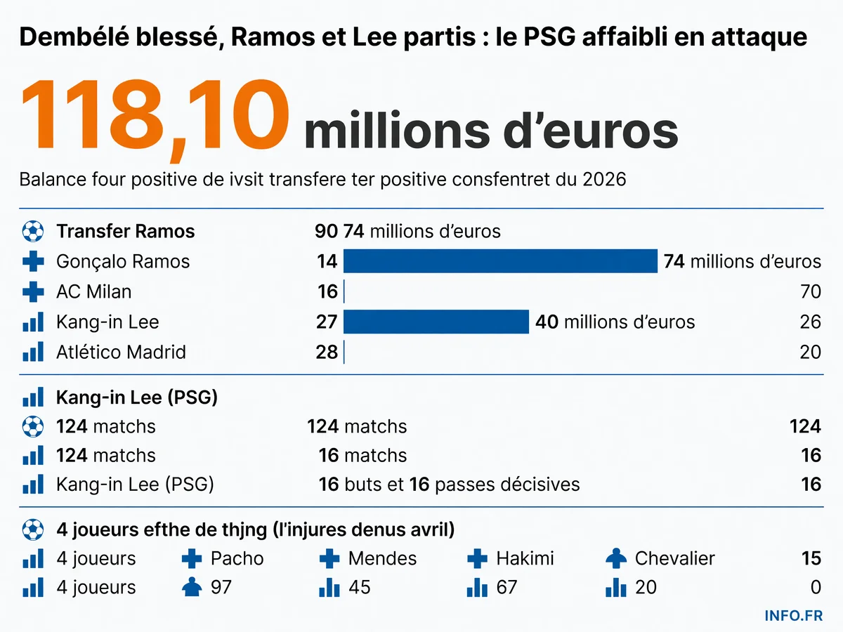 Infographie présentant les départs et blessures affectant l'effectif offensif du Paris Saint-Germain lors du mercato estival 2026