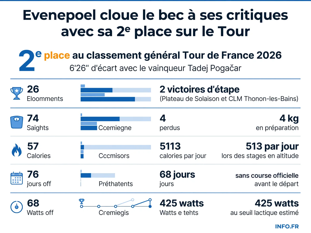 Les chiffres clés de la performance de Remco Evenepoel sur le Tour de France 2026: 2e place, régime de 5113 calories/jour et 4 kg perdus.