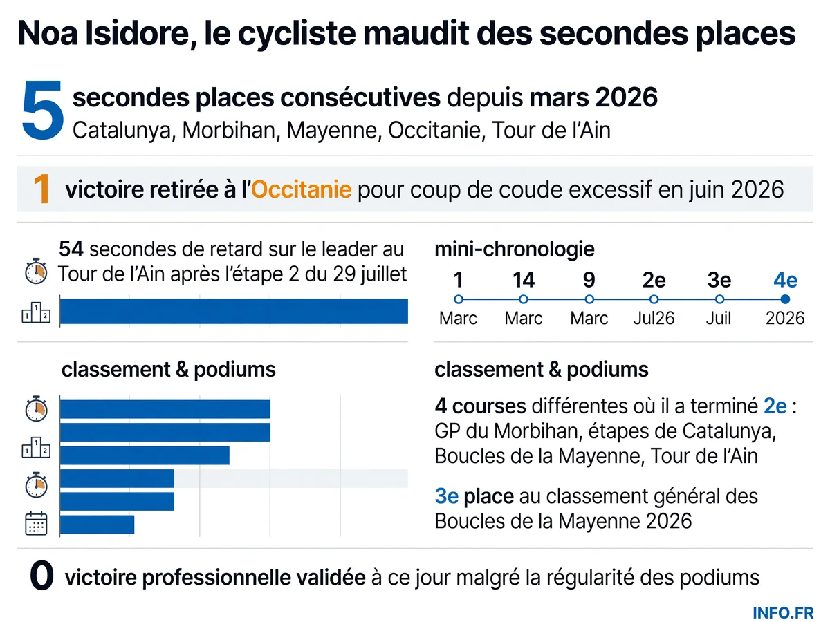 Infographie détaillant les cinq secondes places de Noa Isidore en cyclisme depuis mars 2026 sur les courses Catalogne, Morbihan, Mayenne, Occitanie et l'Ain.