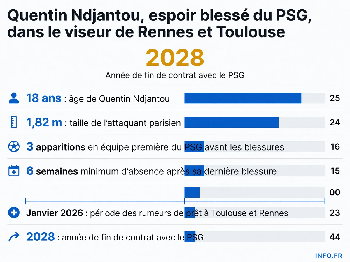Infographie sur le profil et la situation de Quentin Ndjantou, attaquant du PSG convoité par Rennes et Toulouse en prêt malgré sa blessure.