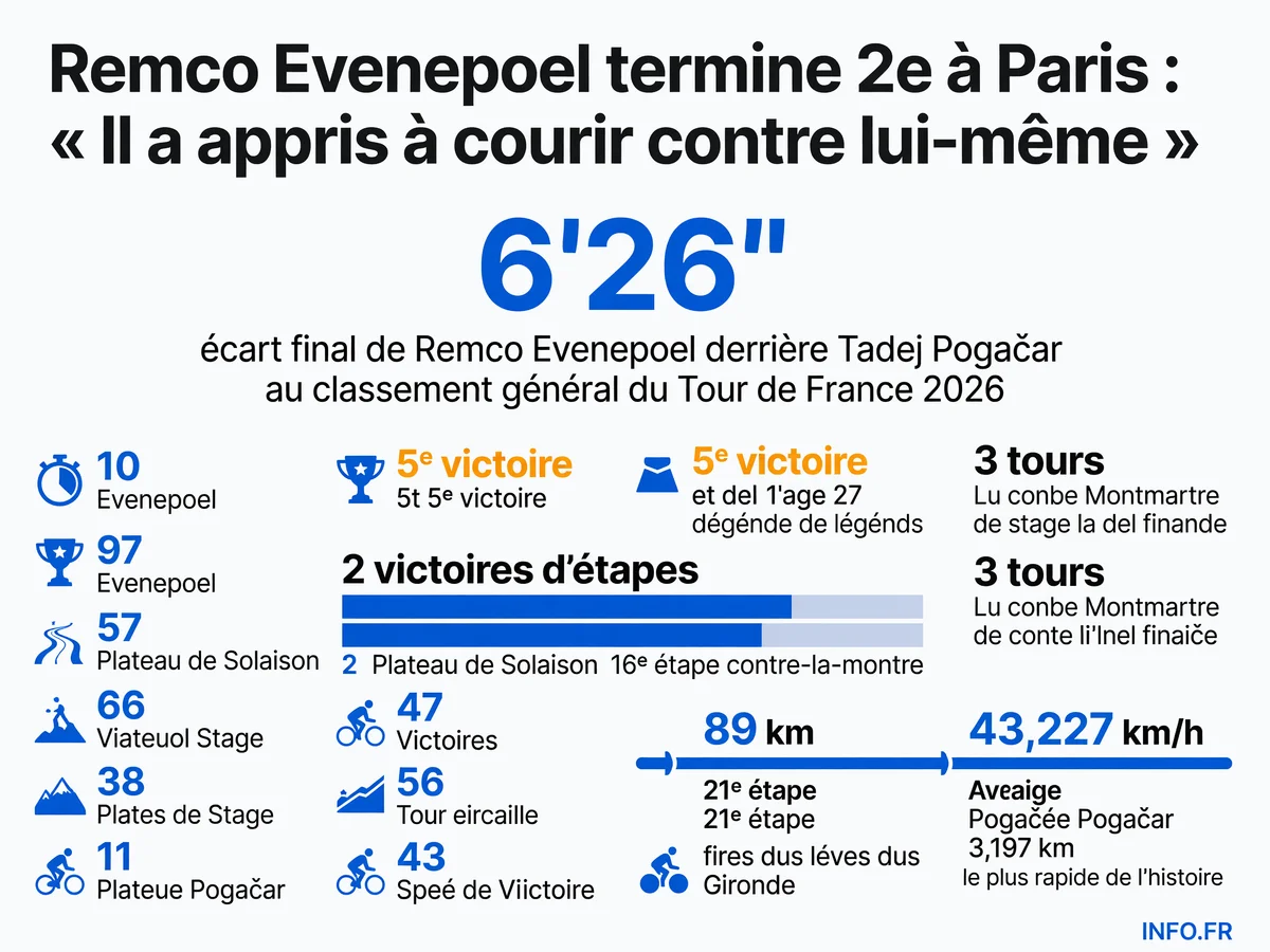 Infographie présentant les chiffres clés du Tour de France 2026: écart final d'Evenepoel, ses deux victoires d'étapes, la révolution Montmartre, le cinquième sacre de Pogačar et la vitesse record moyenne.