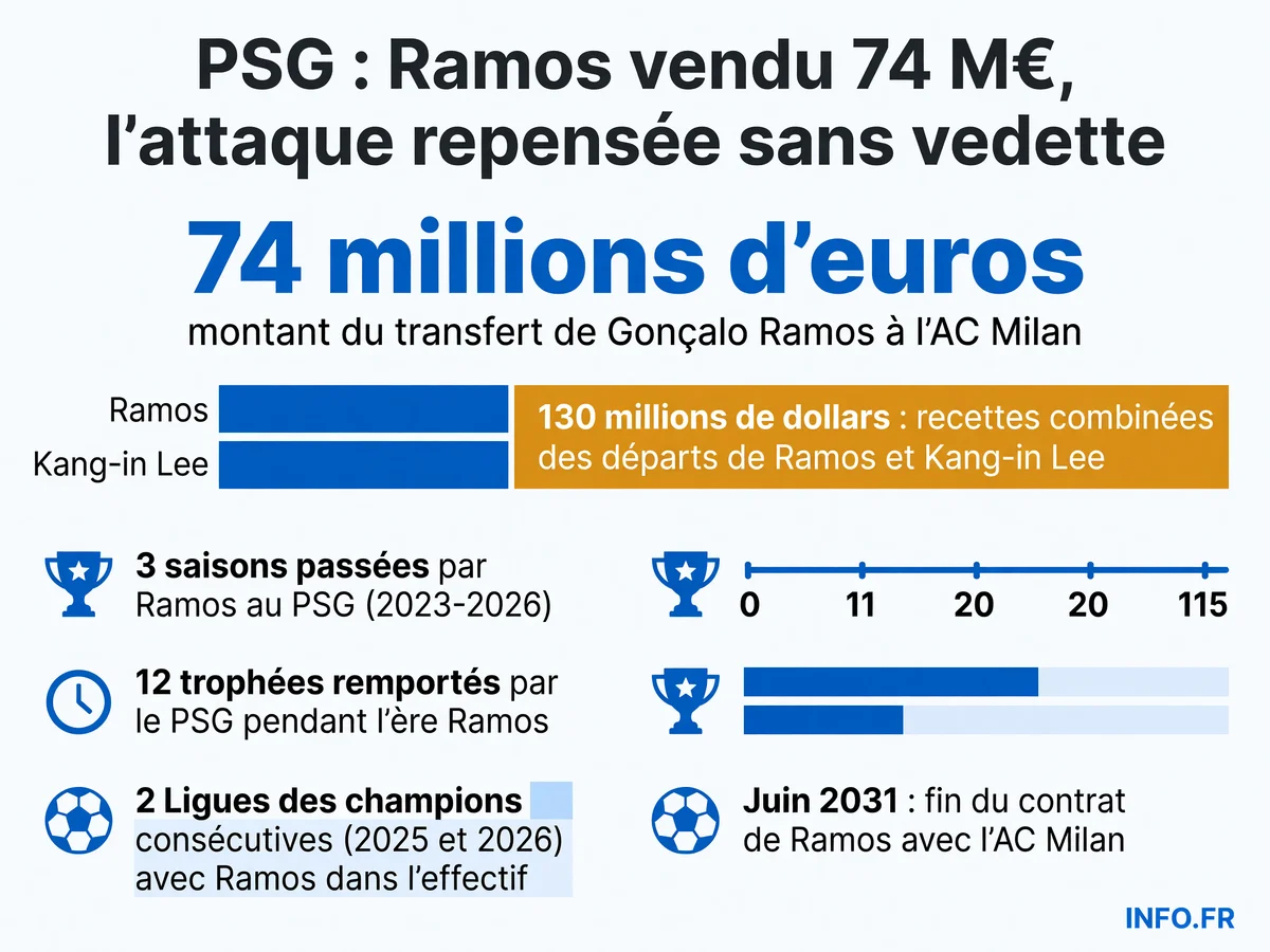 Chiffres clés du transfert de Gonçalo Ramos du PSG à l'AC Milan et bilan de son passage parisien entre 2023 et 2026.