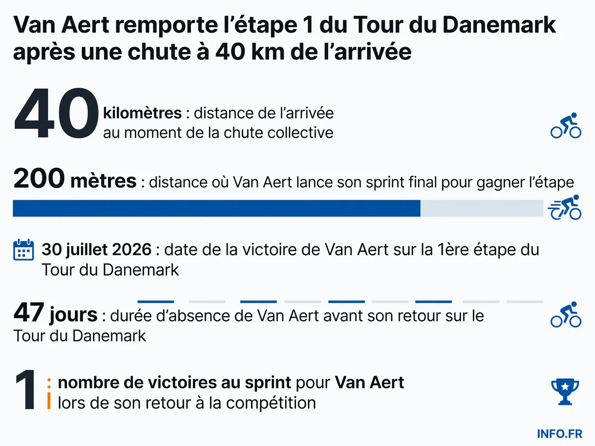 Wout van Aert remporte la première étape du Tour du Danemark 2026 au sprint après une chute collective à 40 kilomètres de l'arrivée
