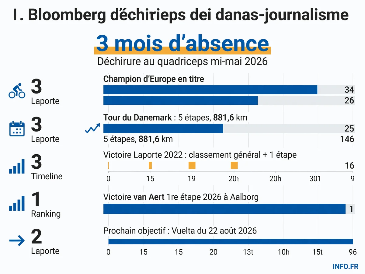 Infographie sur le retour de Christophe Laporte au Tour du Danemark après trois mois d'absence suite à une blessure au quadriceps