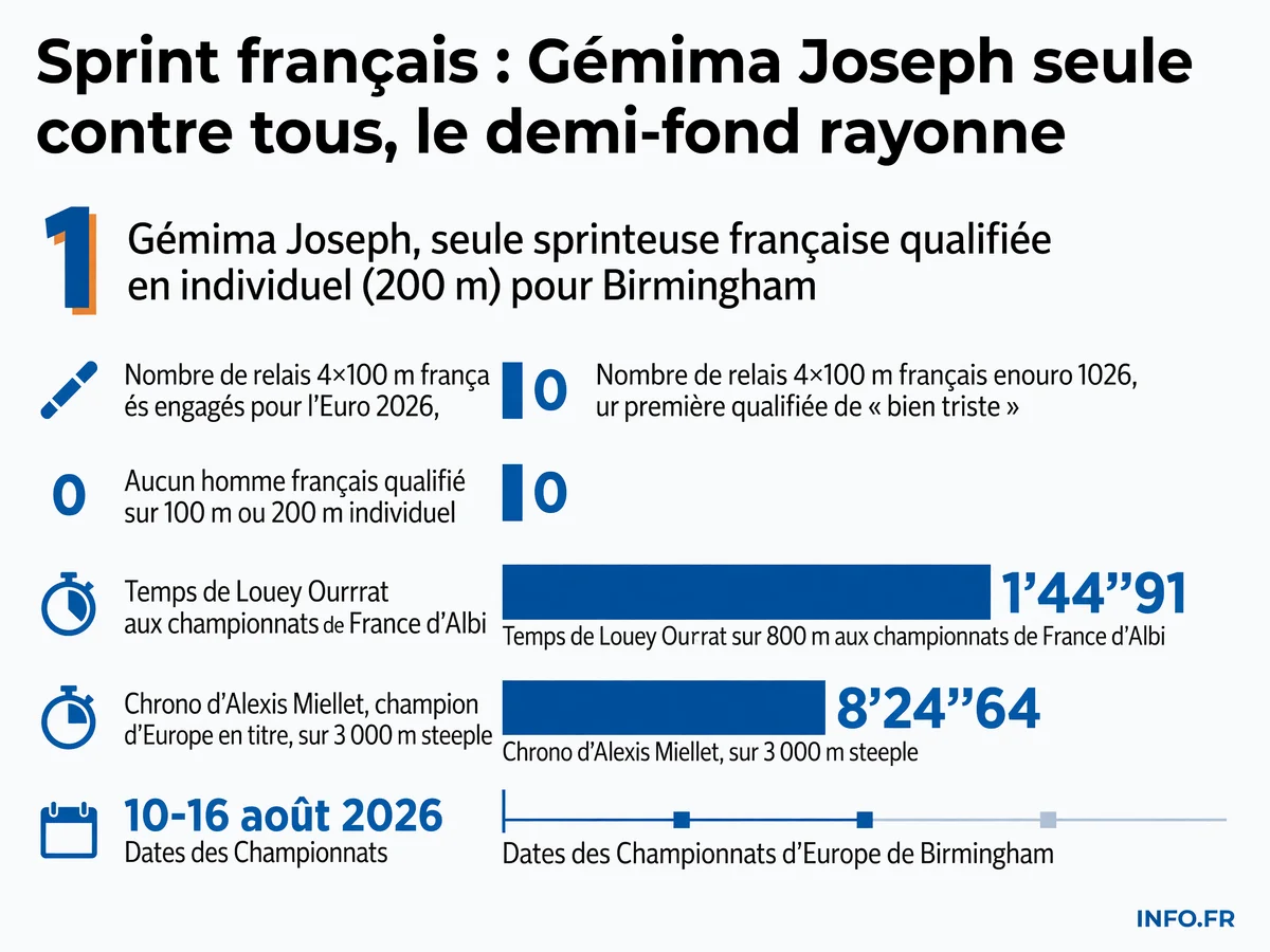 Infographie illustrant la fracture entre le sprint français en crise (zéro homme qualifié, zéro relais engagé, une seule femme qualifiée) et la puissance du demi-fond tricolore pour les Championnats d'Europe 2026.