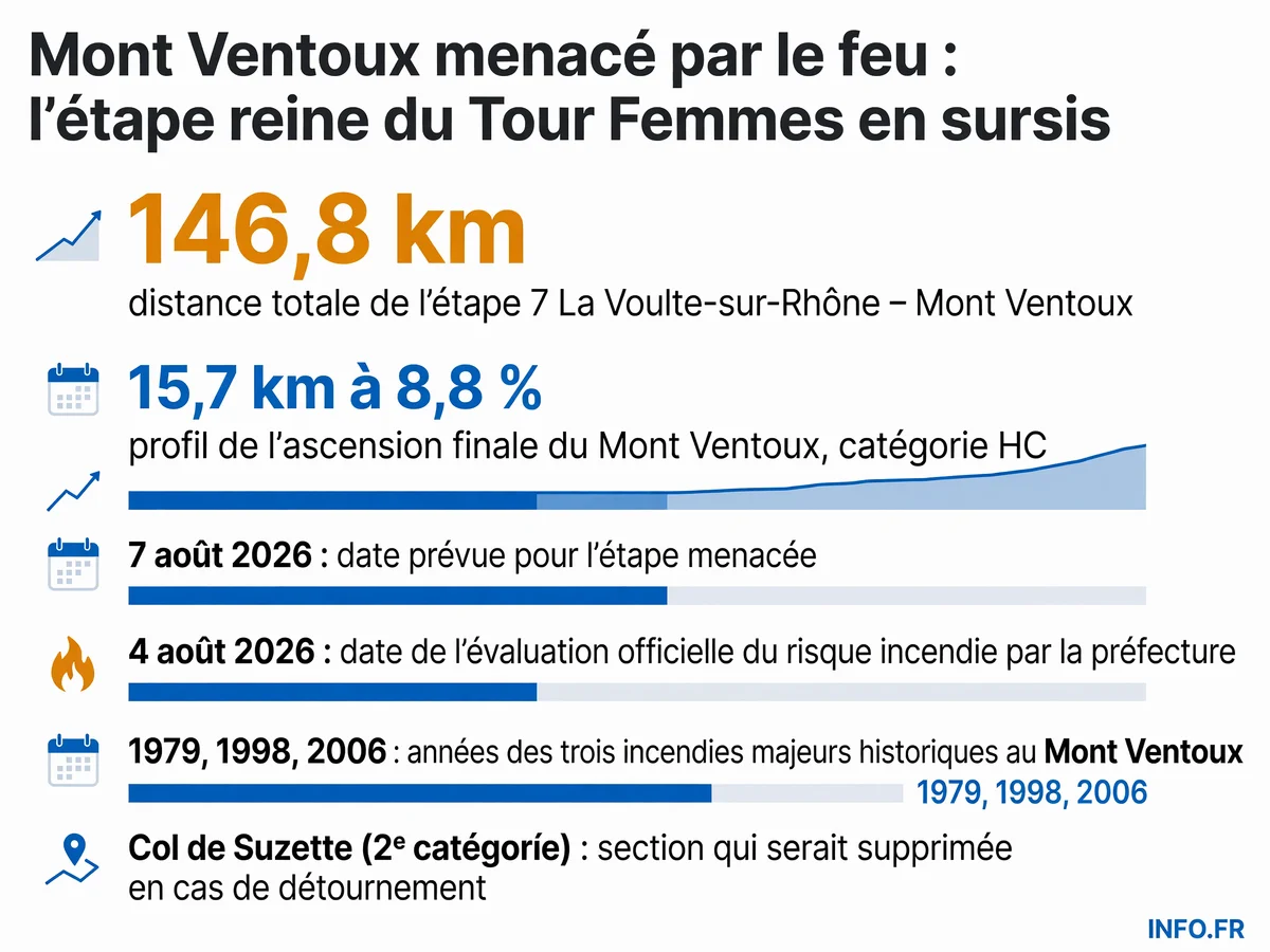 Carte du parcours de l'étape 7 du Tour de France Femmes 2026 au Mont Ventoux avec les deux tracés possibles selon le niveau de risque incendie